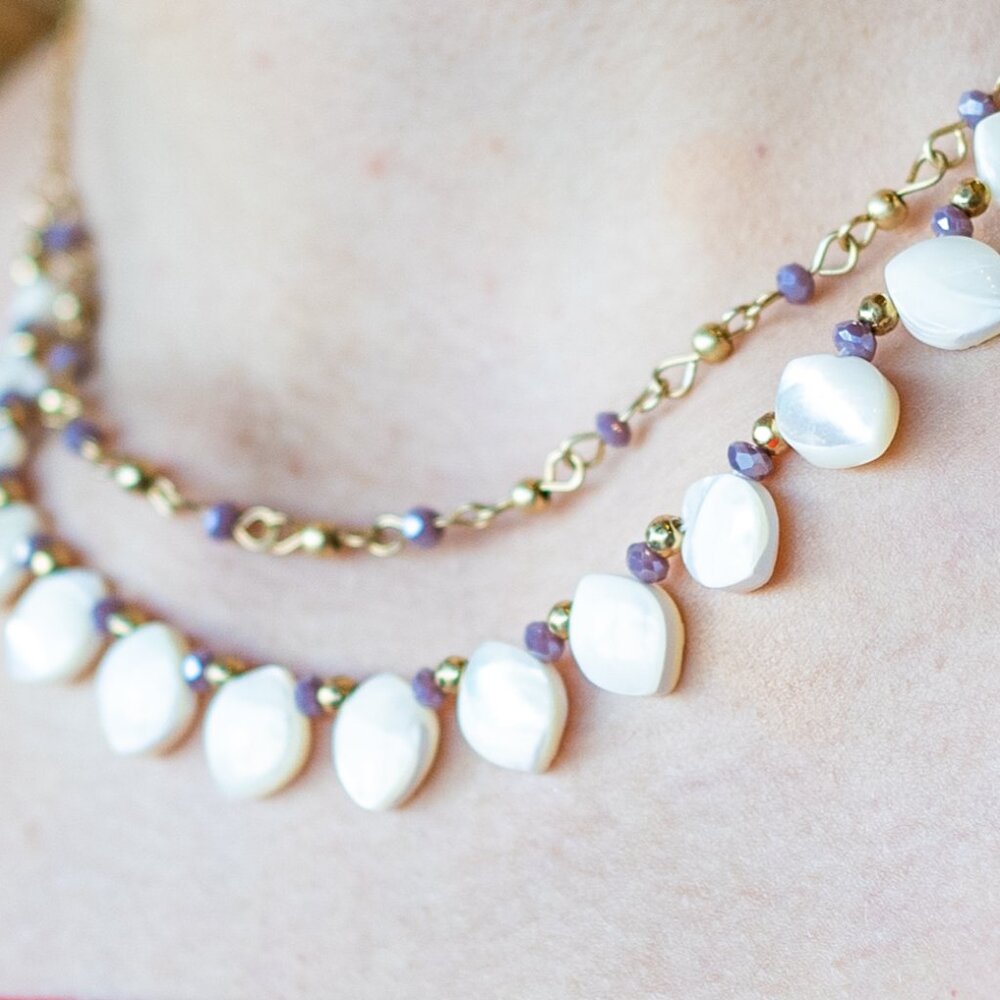Striking Gold & Lavender Scoop neck  Necklace w/ tiered lengths, w drop beads
